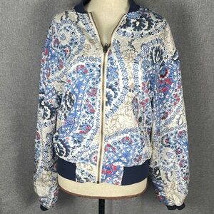 Small FREE PEOPLE Daytrip Blue Floral Paisley Bomber Jacket Quilted Lining 376